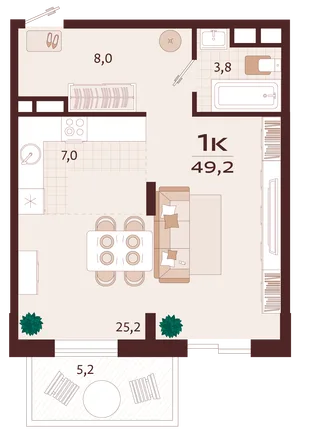 Планировка 1-комн. квартира, 49.2 м² ЖК «Роялта»