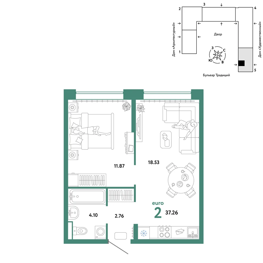 Планировка 2-комн. квартира, 37.26 м² ЖК «Микрорайон Домашний»