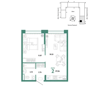 Планировка 2-комн. квартира, 37.26 м² ЖК «Микрорайон Домашний»