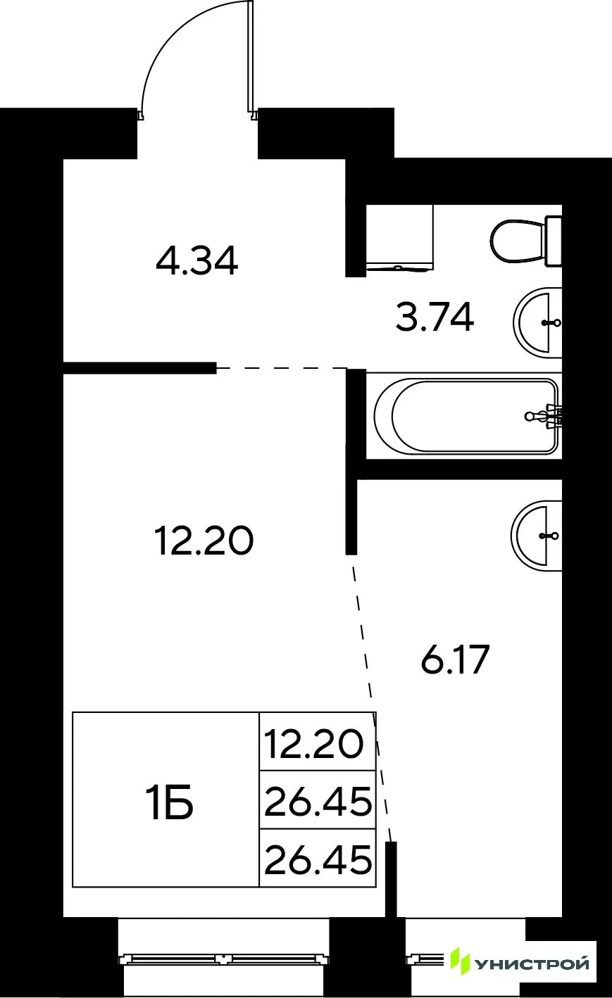 Планировка 1-комн. квартира, 26.45 м² ЖК «Царёво City»