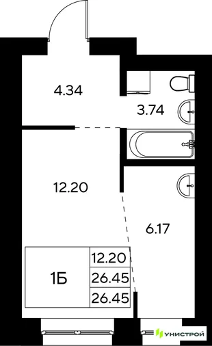 Планировка 1-комн. квартира, 26.45 м² ЖК «Царёво City»
