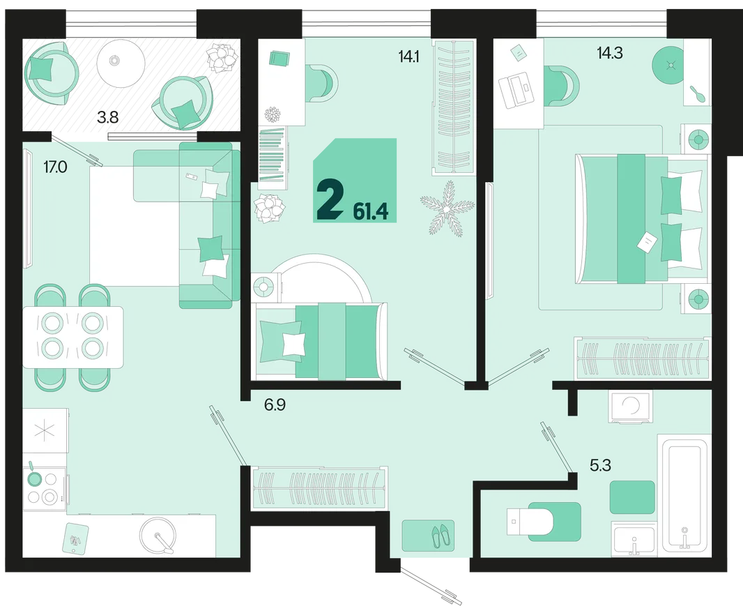 Планировка 2-комн. квартира, 61.4 м² ЖК «Первое место»