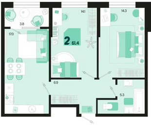 Планировка 2-комн. квартира, 61.4 м² ЖК «Первое место»