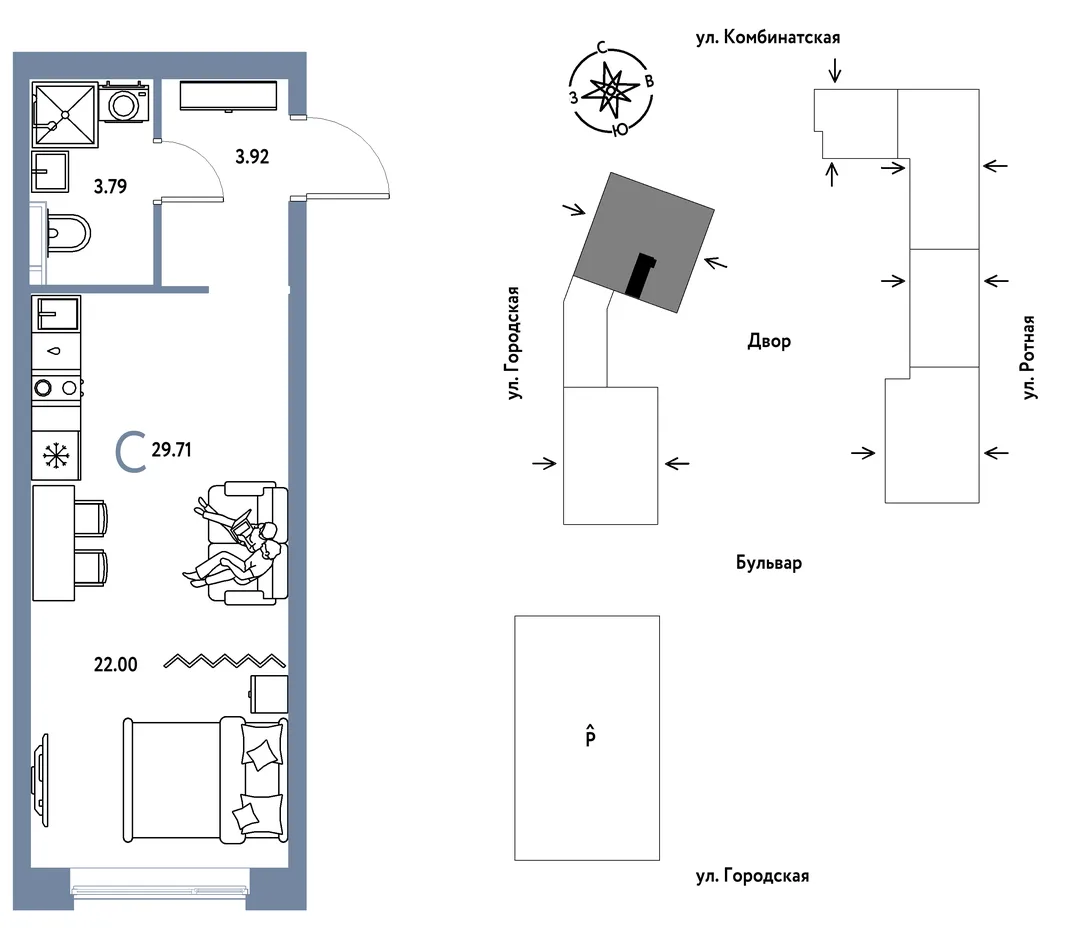 Планировка Студия, 29.71 м² ЖК «Уральский сад»
