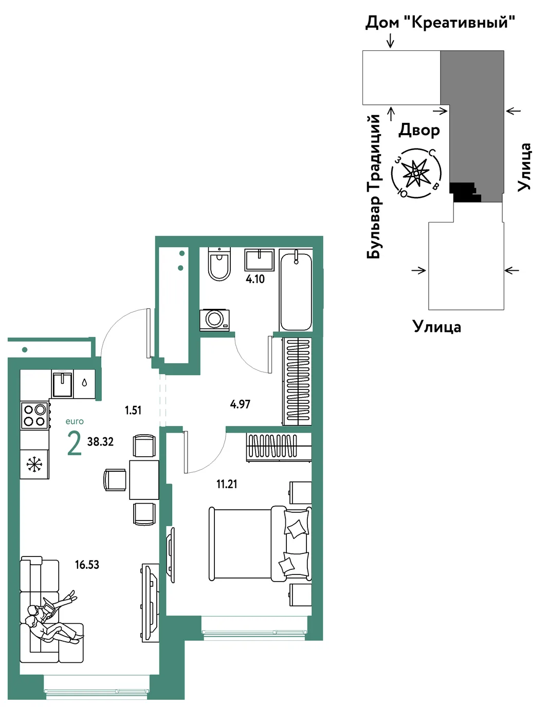 Планировка 2-комн. квартира, 38.32 м² ЖК «Микрорайон Домашний»