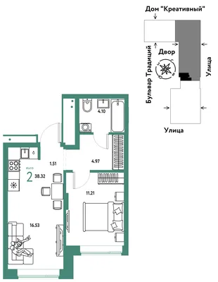 Планировка 2-комн. квартира, 38.32 м² ЖК «Микрорайон Домашний»