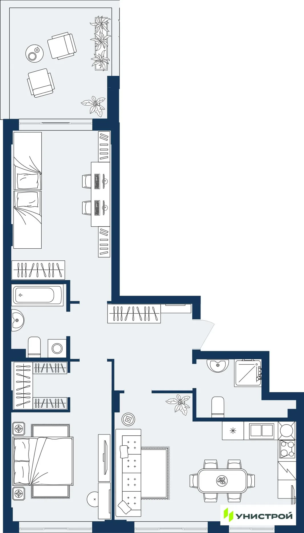 Планировка 2-комн. квартира, 77.23 м² ЖК «ГРАНД БЕРЕГ»