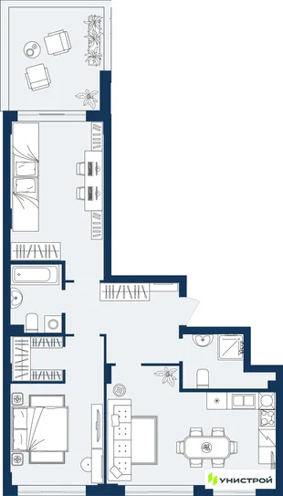 Планировка 2-комн. квартира, 77.23 м² ЖК «ГРАНД БЕРЕГ»