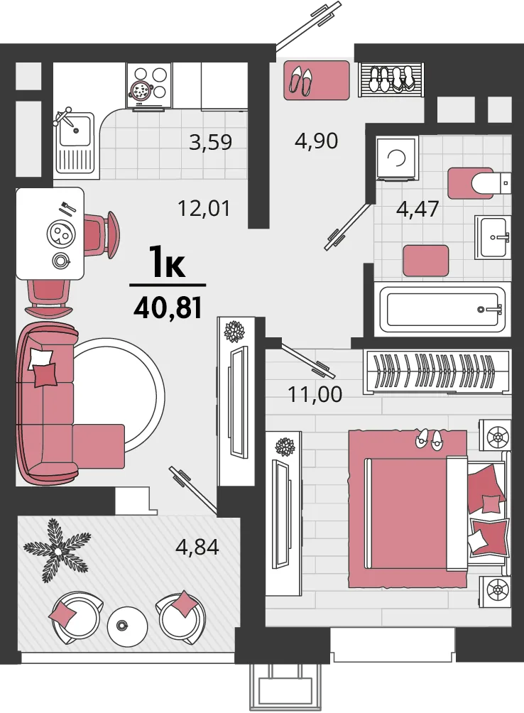 Планировка 2-комн. квартира, 40.81 м² ЖК «Родные просторы»