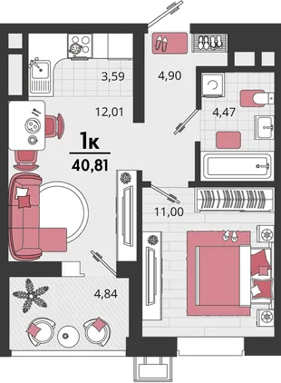 Планировка 2-комн. квартира, 40.81 м² ЖК «Родные просторы»