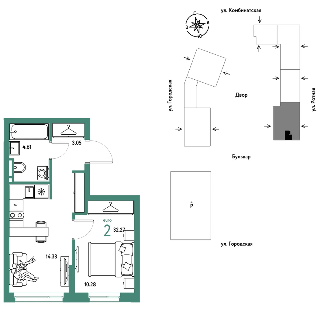 Планировка 2-комн. квартира, 32.27 м² ЖК «Уральский сад»