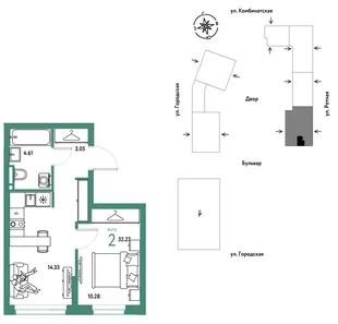 Планировка 2-комн. квартира, 32.27 м² ЖК «Уральский сад»