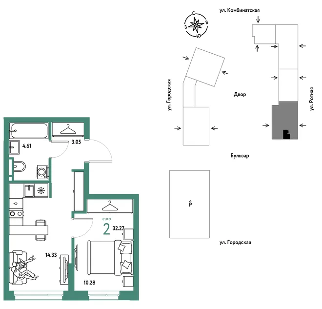 Планировка 2-комн. квартира, 32.27 м² ЖК «Уральский сад» Планировка 2-комн. квартира, 32.27 м² ЖК «Уральский сад»