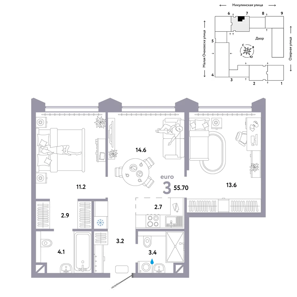 Планировка 3-комн. квартира, 55.7 м² ЖК «Страна.Озёрная»