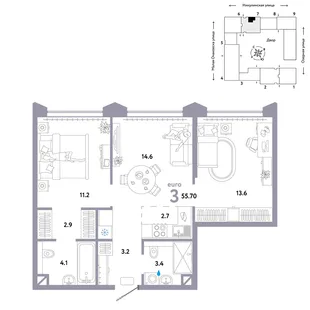 Планировка 3-комн. квартира, 55.7 м² ЖК «Страна.Озёрная»