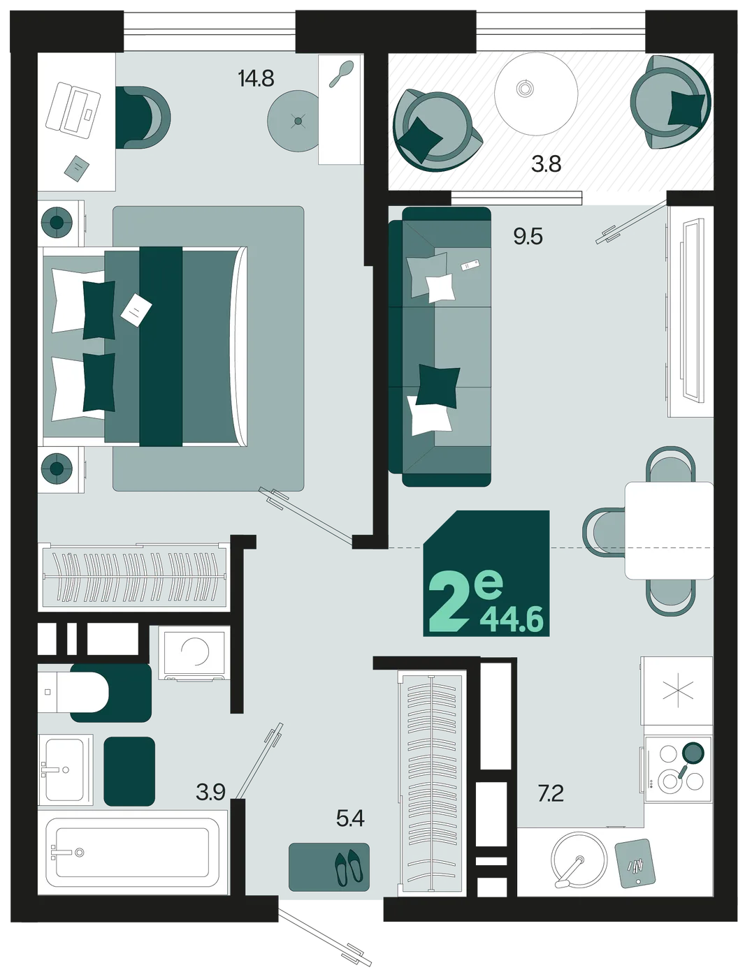Планировка 2-комн. квартира, 44.6 м² ЖК «Первое место»