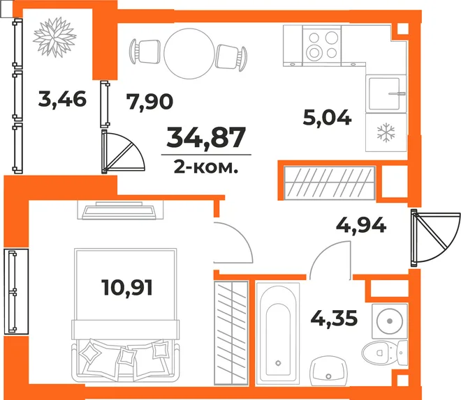 Планировка 2-комн. квартира, 34.87 м² ЖК «Живописный сад» Планировка 2-комн. квартира, 34.87 м² ЖК «Живописный сад»