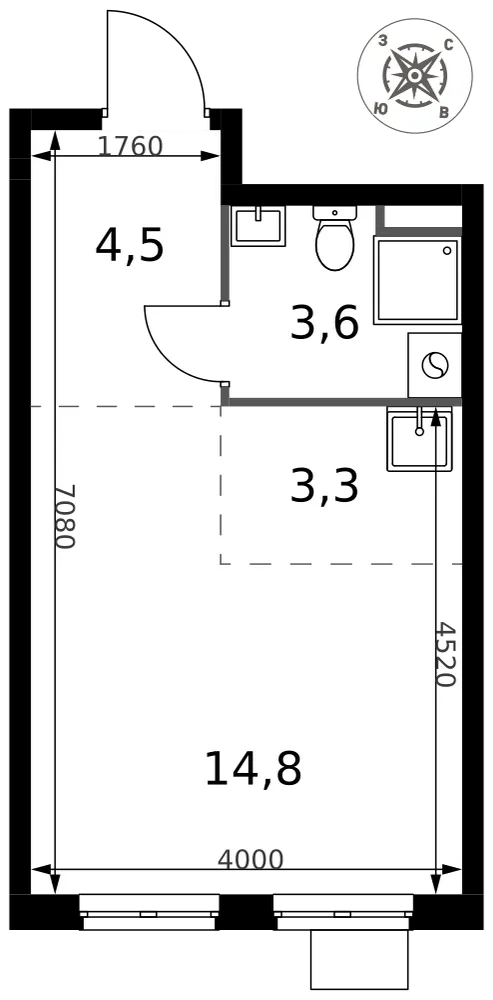 Планировка Студия, 26.2 м² ЖК «1-й Донской»