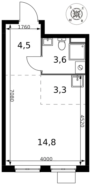 Планировка Студия, 26.2 м² ЖК «1-й Донской»