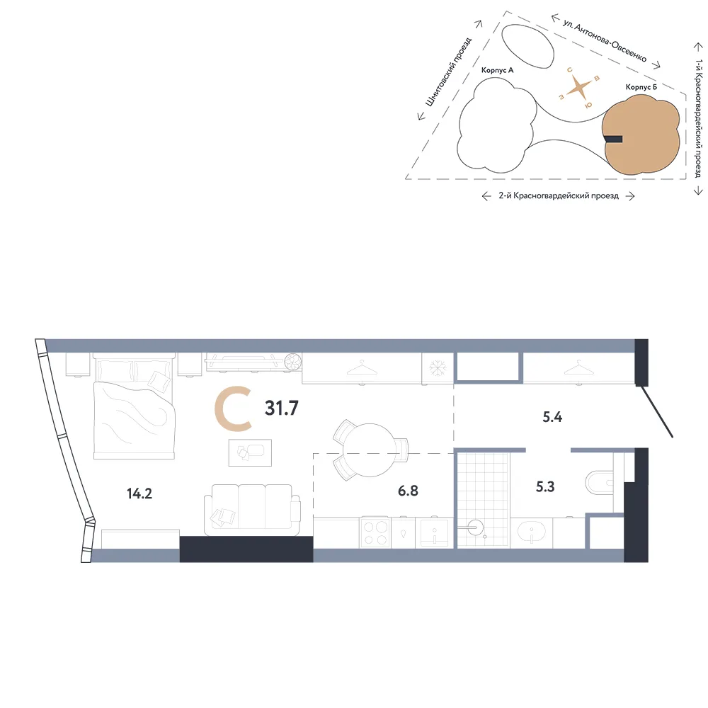 Планировка Студия, 31.7 м² ЖК «АУРУС Резиденции»