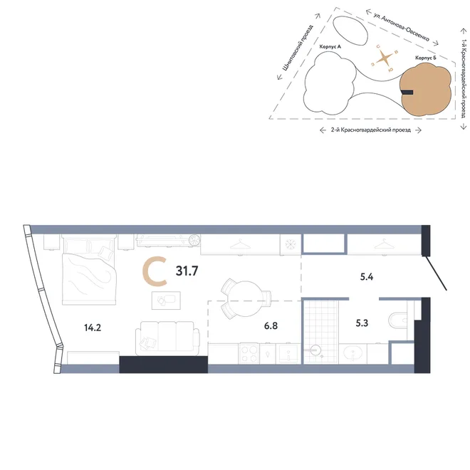 Планировка Студия, 31.7 м² ЖК «АУРУС Резиденции» Планировка Студия, 31.7 м² ЖК «АУРУС Резиденции»