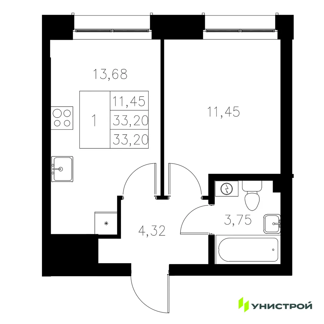 Планировка 1-комн. квартира, 33.2 м² ЖК «Statum»
