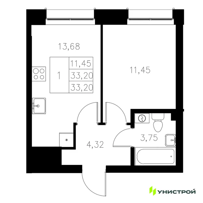 Планировка 1-комн. квартира, 33.2 м² ЖК «Statum»
