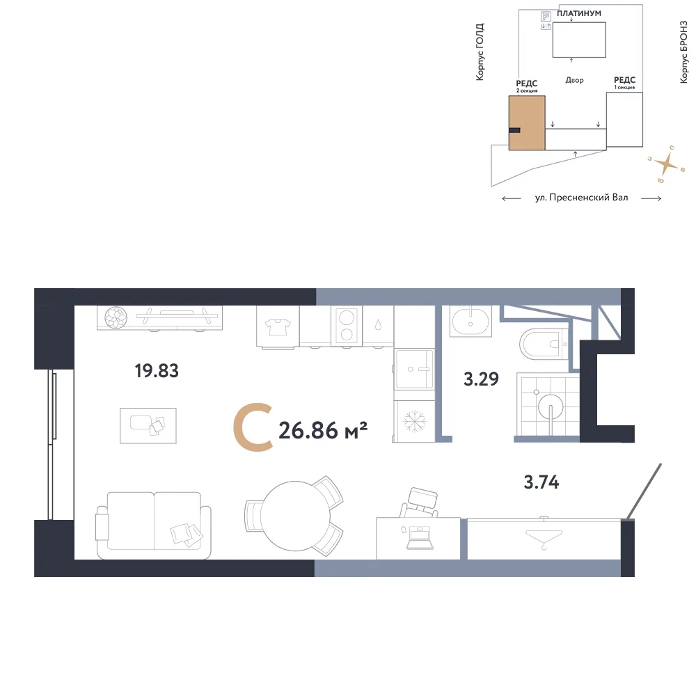 Планировка Студия, 26.86 м² ЖК «Репаблик»