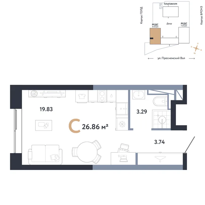 Планировка Студия, 26.85 м² ЖК «Репаблик» Планировка Студия, 26.85 м² ЖК «Репаблик»