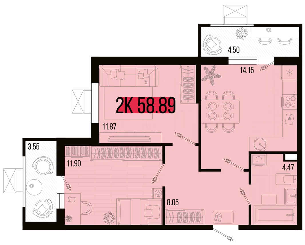 Планировка 2-комн. квартира, 54.86 м² ЖК «Цветной бульвар»