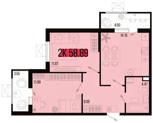 Планировка 2-комн. квартира, 54.86 м² ЖК «Цветной бульвар»
