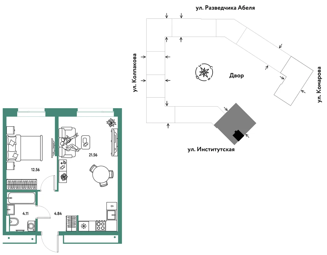 Планировка 2-комн. квартира, 43.07 м² ЖК «Страна.Парковая»