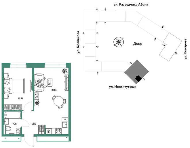 Планировка 2-комн. квартира, 43.07 м² ЖК «Страна.Парковая» Планировка 2-комн. квартира, 43.07 м² ЖК «Страна.Парковая»