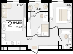 Планировка 2-комн. квартира, 64.8 м² ЖК «Патрики»
