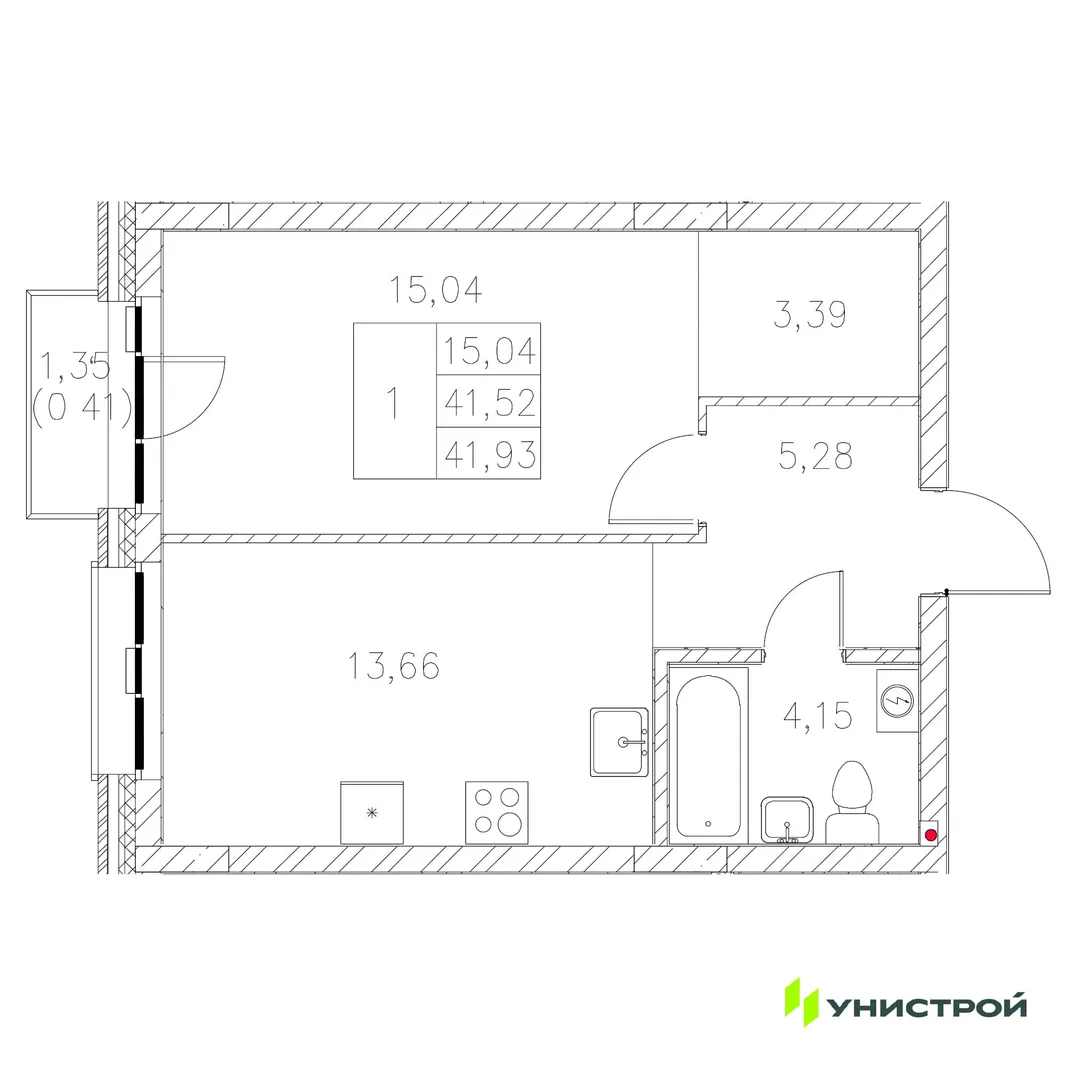 Планировка 1-комн. квартира, 41.93 м² ЖК «Statum»