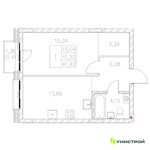 Планировка 1-комн. квартира, 41.93 м² ЖК «Statum»