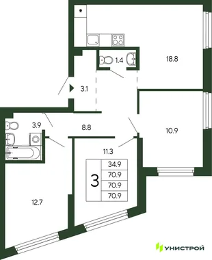 Планировка 3-комн. квартира, 70.9 м² ЖК «Парковый квартал 2.0»