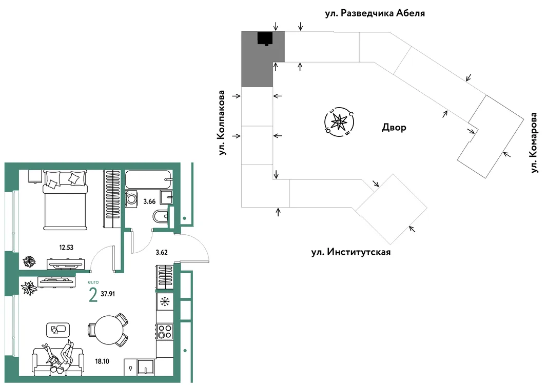 Планировка 2-комн. квартира, 37.91 м² ЖК «Страна.Парковая»