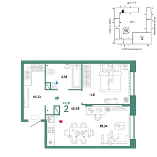 Планировка 2-комн. квартира, 45.49 м² ЖК «Юнион»