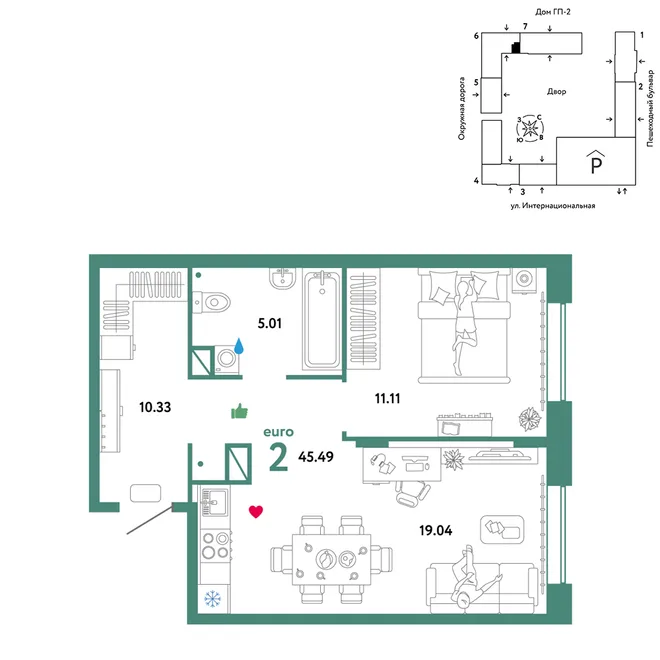 Планировка 2-комн. квартира, 45.49 м² ЖК «Юнион» Планировка 2-комн. квартира, 45.49 м² ЖК «Юнион»