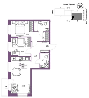 Планировка 3-комн. квартира, 64.31 м² ЖК «Микрорайон Домашний»
