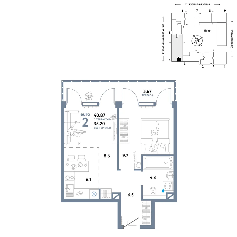 Планировка 2-комн. квартира, 40.87 м² ЖК «Страна.Озёрная»
