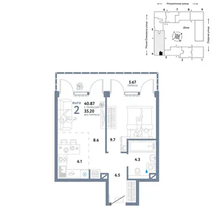 Планировка 2-комн. квартира, 40.87 м² ЖК «Страна.Озёрная»