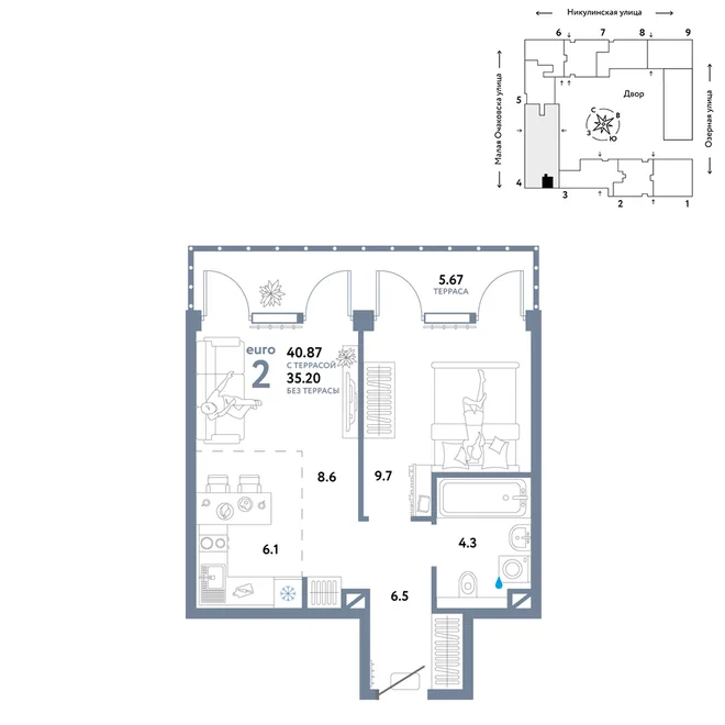 Планировка 2-комн. квартира, 40.87 м² ЖК «Страна.Озёрная» Планировка 2-комн. квартира, 40.87 м² ЖК «Страна.Озёрная»