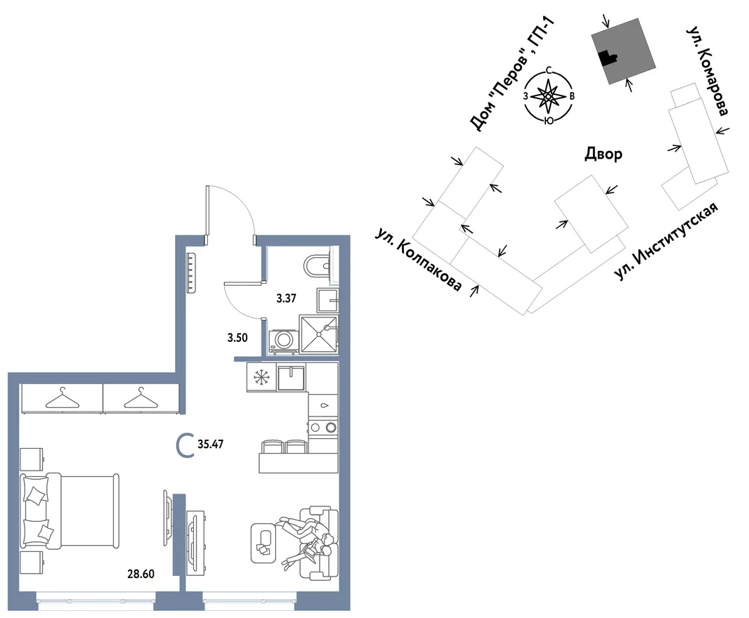 Планировка Студия, 35.47 м² ЖК «Страна.Парковая»
