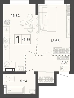 Планировка 1-комн. квартира, 43.38 м² ЖК «Светский лес»