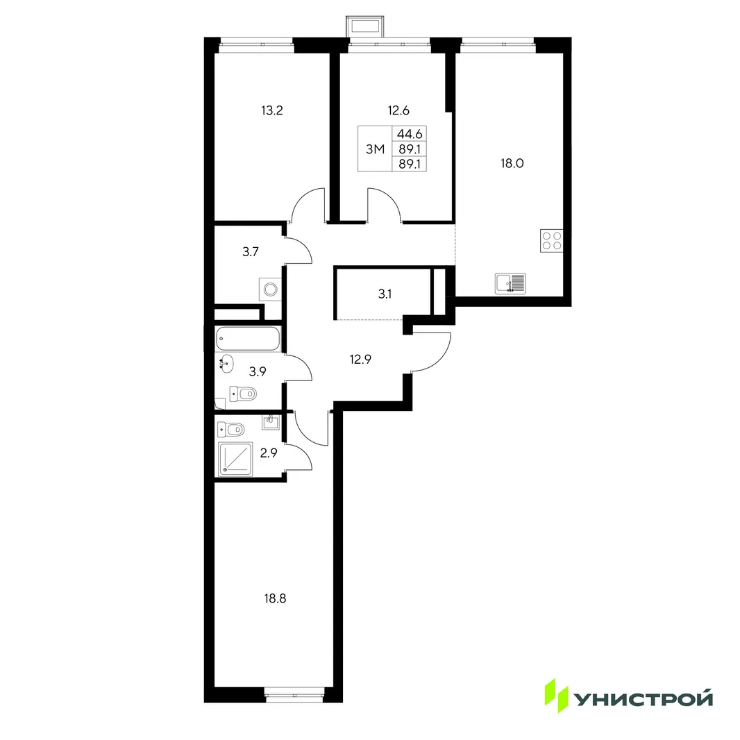 Планировка 3-комн. квартира, 89.1 м² ЖК «Стадиум»