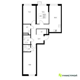Планировка 3-комн. квартира, 89.1 м² ЖК «Стадиум»