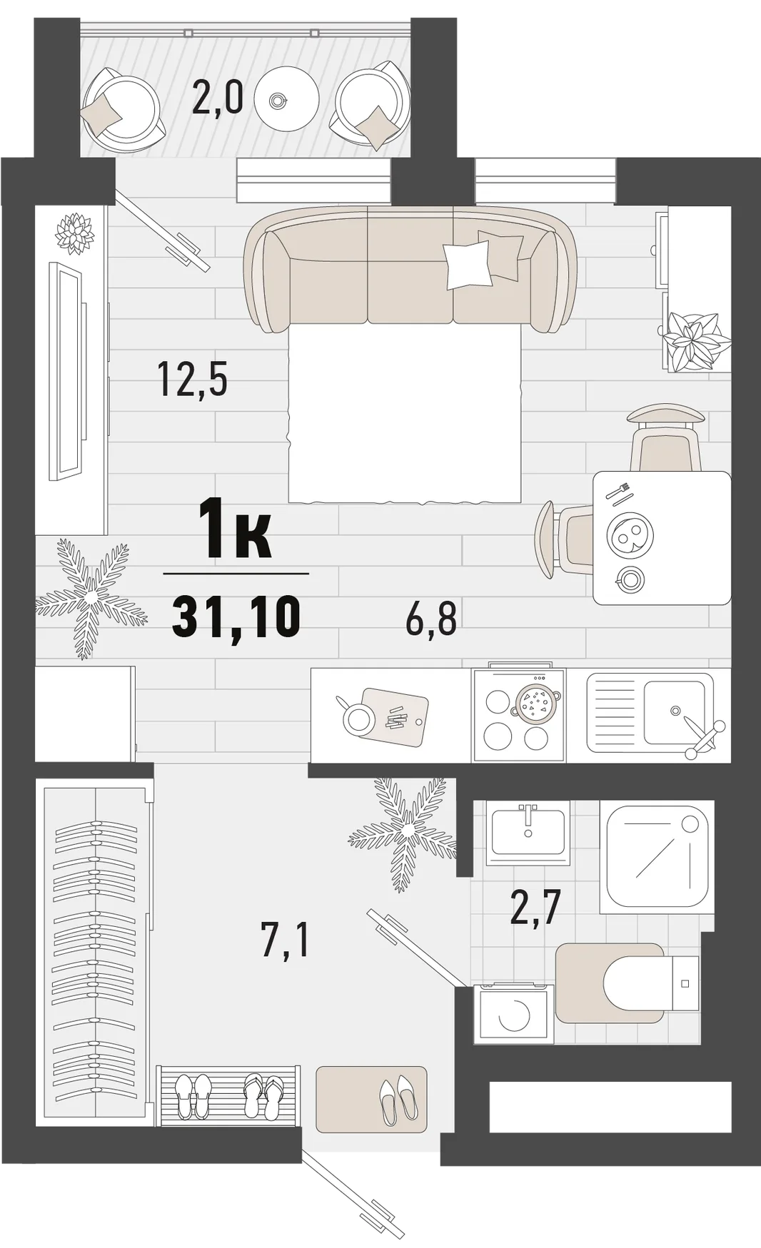 Планировка Студия, 31.1 м² ЖК «Барса»