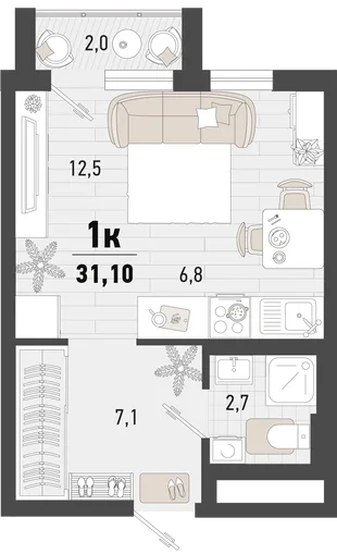 Планировка Студия, 31.1 м² ЖК «Барса»